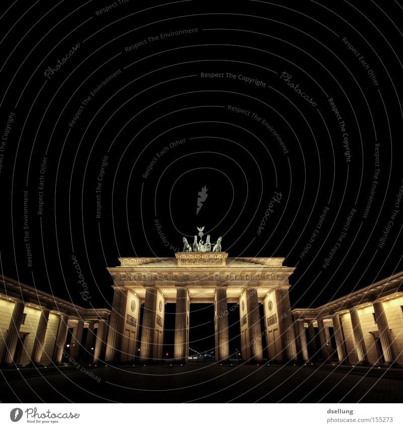 Brandenburg Gate at night Colour photo Exterior shot Deserted Copy Space top Neutral Background Night Artificial light Light Shadow Contrast Long exposure
