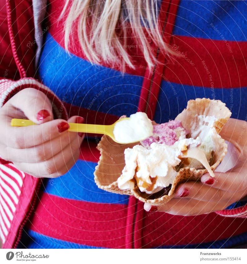 Mrs. Schleck. Ice cream Waffle Candy Delicious Nutrition Dessert Nail polish Woman Ice-cream parlor Summer To enjoy Spoon Spoon up ice cream shop Eating