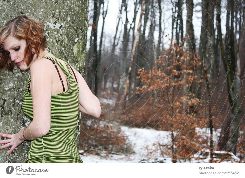 The one with the green dress 2 Woman Forest Winter Cold Green Dress Tree Leaf White Freeze