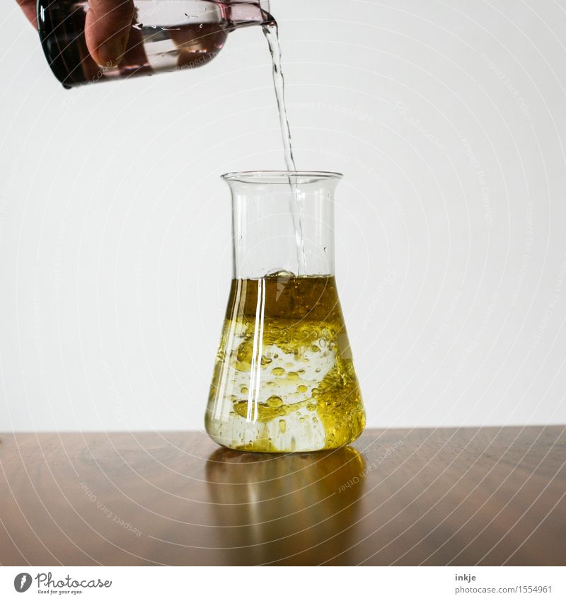 experiment Cooking oil Education Science & Research School Study Profession Chemist Chemical Industry Chemistry Laboratory Hand Erlenmeyer flask Mixture Glass