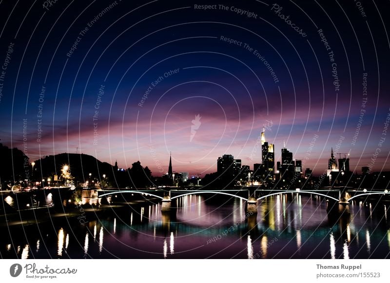 Frankfurt am Main Colour photo Exterior shot Deserted Copy Space top Evening Twilight Night Silhouette Reflection Tourism Water Clouds River bank Skyline