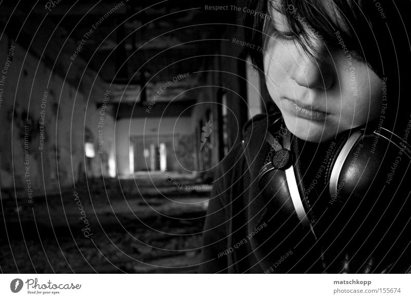 Melancholy of a Twelve Year Old Puberty Loneliness Thought Think Black & white photo Decline Ruin Portrait photograph Grief Doomed Headphones Facial expression