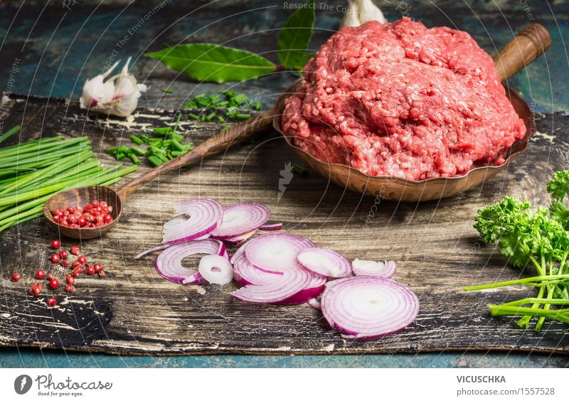 Minced meat and ingredients for tasty cuisine Food Meat Vegetable Herbs and spices Nutrition Lunch Dinner Buffet Brunch Banquet Organic produce Pot Pan Spoon