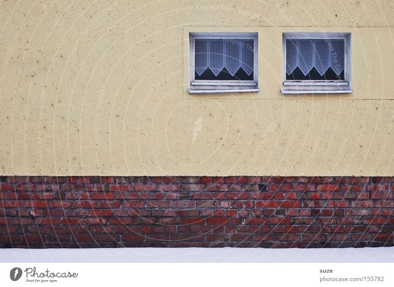 twins Snow House (Residential Structure) Wall (barrier) Wall (building) Facade Window Brick Old Simple Cold Gloomy Curtain Plaster In pairs Colour photo