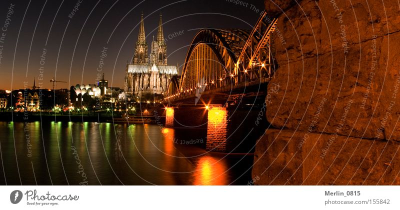 trapezoidal perspectives Cologne Dome Railway bridge Rhine Architecture Landmark Skyline Twilight Night Lighting Monument