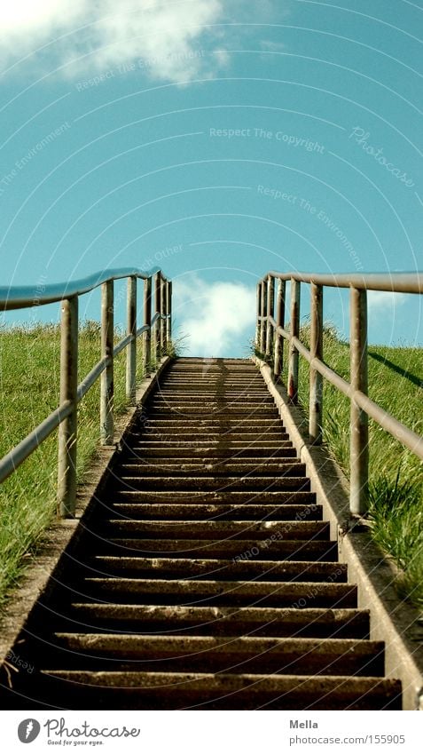 Up we go! Stairs Tall Upward Sky Clouds Blue Dike Grass Green Downward Handrail Banister Traffic infrastructure stairway to heaven Exterior shot