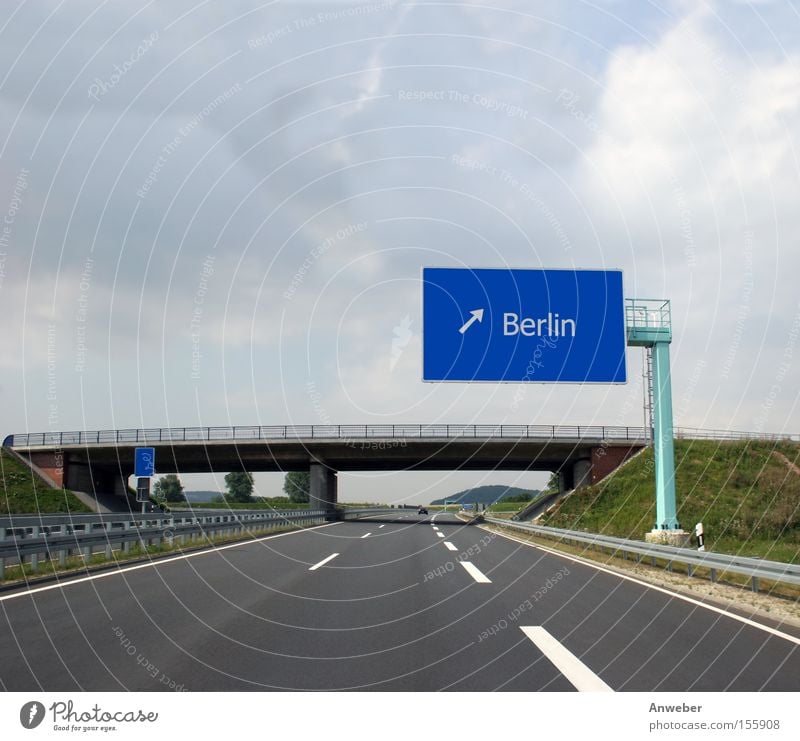 Motorway signpost to Berlin Germany Highway Transport Capital city Street sign Signs and labeling Arrow Expressway exit Highway ramp (exit) Blue Direction