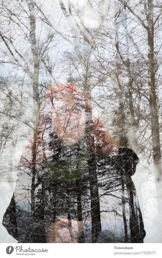 Happy Birthday Beate-Helena! Woman Adults 1 Human being Nature Plant Winter Forest Looking Stand Hope Double exposure Colour photo Exterior shot Day