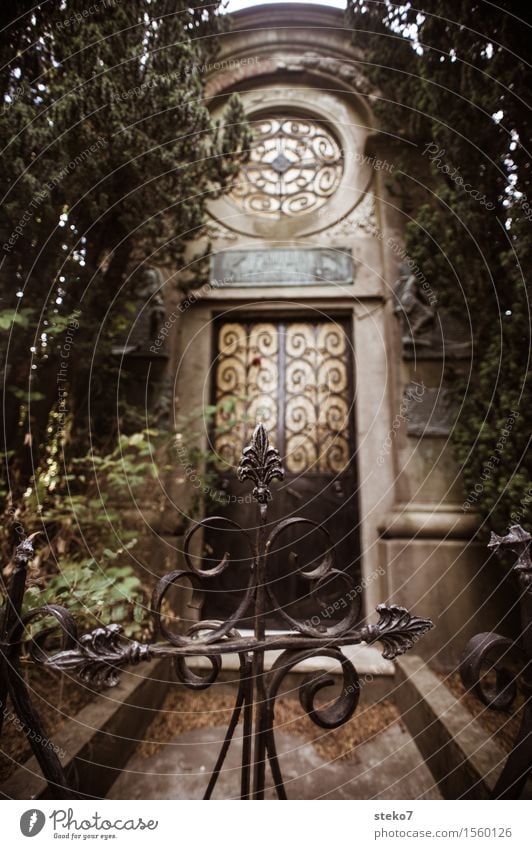 Last door crypt Facade Door Calm Grief Death Cemetery Gate Ornate Closed Subdued colour Exterior shot Deserted