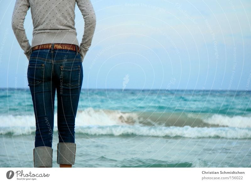Day at the sea Ocean Mediterranean sea Beach Waves Water Vacation & Travel Spain Majorca Summer Sky Jeans Belt Bottom Woman Woman at the sea View of the sea