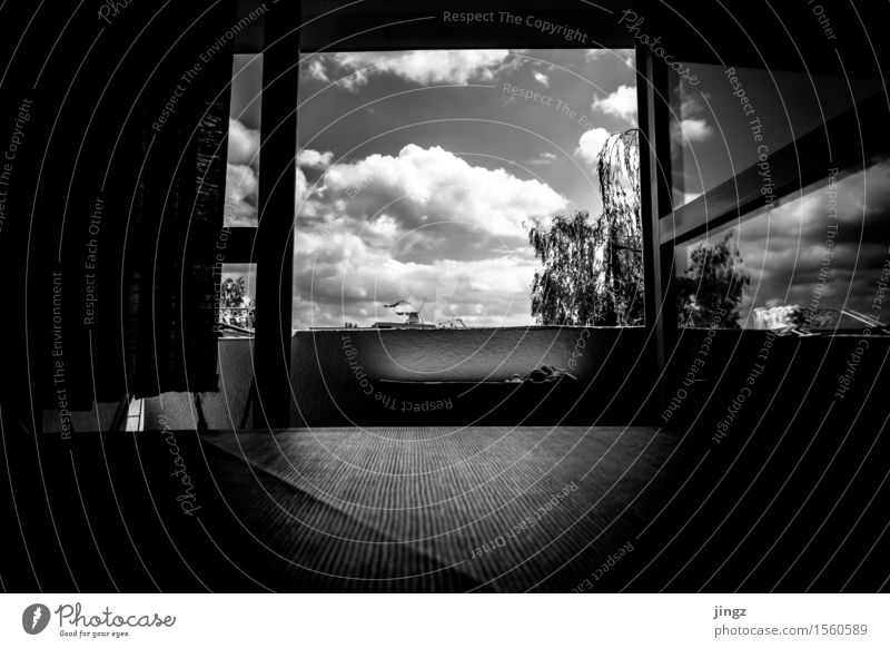 Clear view Table Living room Window Balcony Sky Clouds Beautiful weather Deserted Discover Looking Dream Free Happy Infinity Curiosity Black White Joy