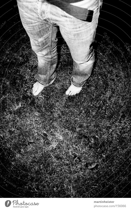 barefoot Barefoot Black & white photo Night Grass Gray Dark Joy Crazy Loneliness Human being Winter Cold Man Lawn Jeans Feet