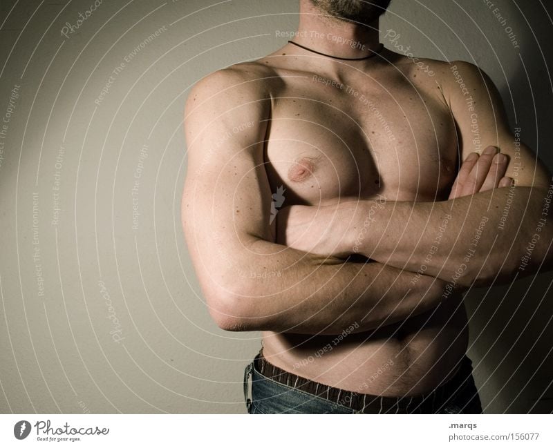 . Colour photo Subdued colour Interior shot Upper body Lifestyle Body Healthy Sportsperson Human being Masculine Man Adults Skin Chest Arm Fingers 1 Athletic