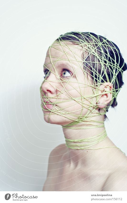 ..ficelle Face Handcrafts Craft (trade) Woman Adults Head String Net Green Emotions Pure Bound Entangle Integration Lie (Untruth) Coil Studio shot