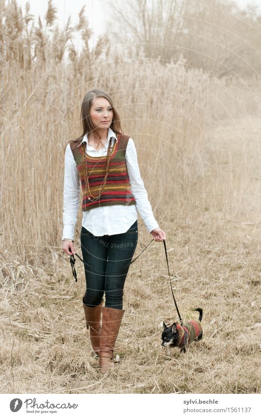 take a dog for a walk Leisure and hobbies Human being Feminine Young woman Youth (Young adults) Life 18 - 30 years Adults Nature Autumn Bad weather Fog Fashion