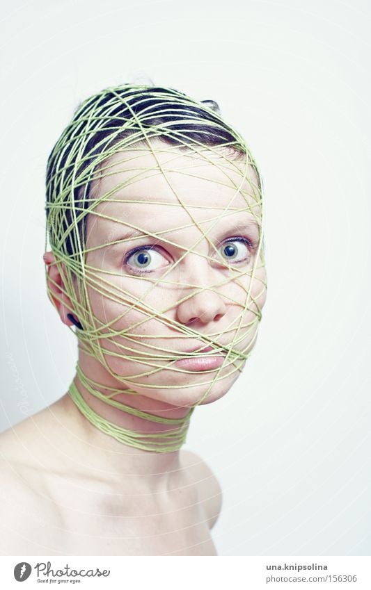 ...ficelle Face Handcrafts Craft (trade) Human being Woman Adults Head String Net Green Pure Bound Entangle Integration Lie (Untruth) Coil Colour photo