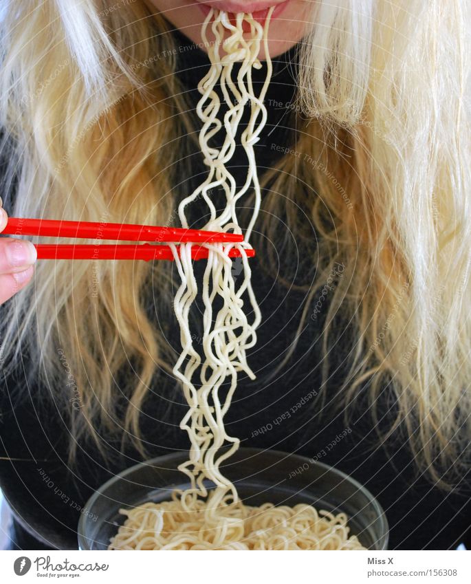 Hairy thing Colour photo Detail Food Nutrition Lunch Dinner Plate Hair and hairstyles Woman Adults Mouth Blonde Delicious Noodles Asia Chinese Noodle soup