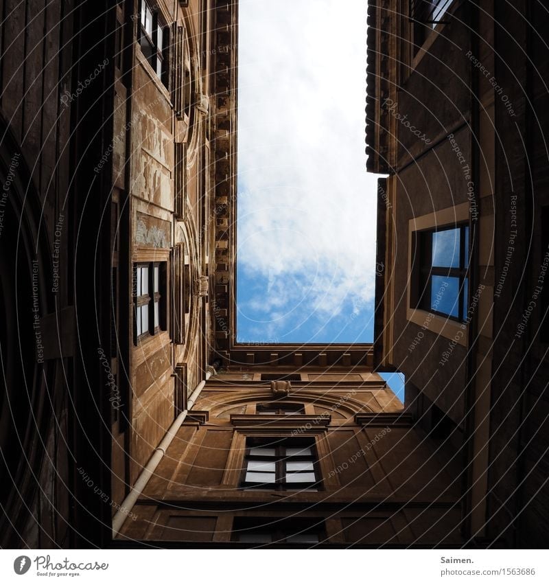 View into the sky Sky Clouds Blue sky houses Window Facade Rain gutter Building Manmade structures Architecture Old Historic Europe Town Deserted Colour photo