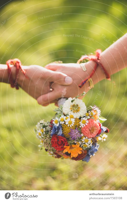 Hand in hand with a bouquet of flowers Vacation & Travel Garden Feasts & Celebrations Wedding Team Human being Masculine Feminine Woman Adults Man Parents