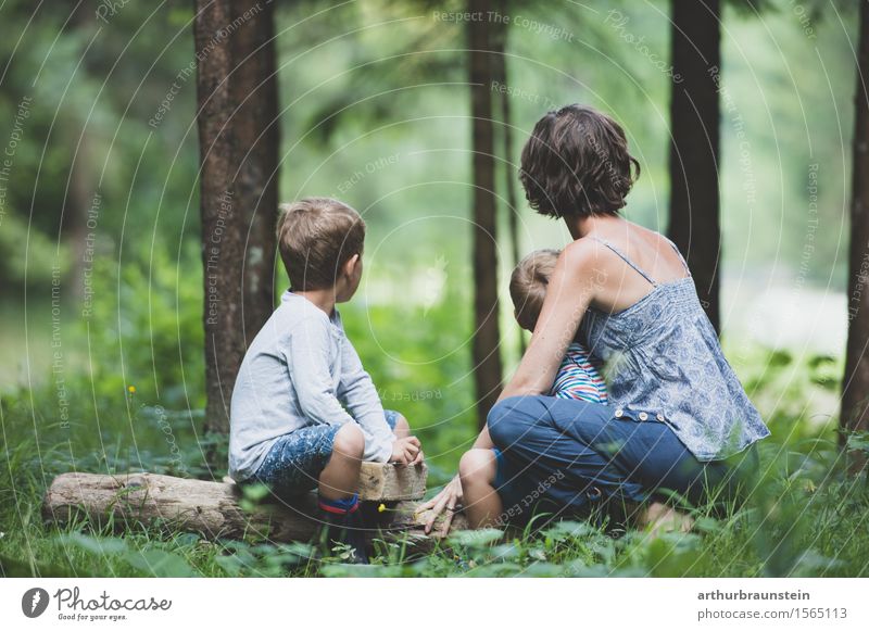 Young family observed in forest Leisure and hobbies Tourism Trip Camping Summer Parenting Kindergarten Human being Masculine Feminine Child Boy (child)