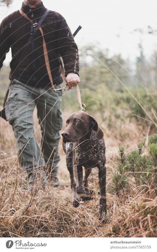 Hunter walks with dog in forest Leisure and hobbies Hunting Trip Hiking To go for a walk Human being Masculine Life 1 30 - 45 years Adults Environment Nature