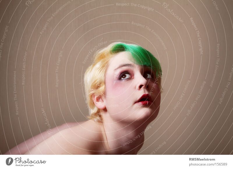 weight on the shoulders Human being Feminine Expressive Blonde Portrait photograph Face Head Feeble green hair Make-up