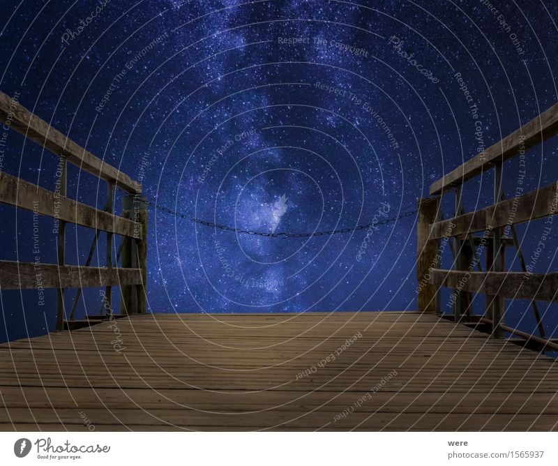 Stairway to heaven - closed! Night sky Places Bridge Observatory Dark Blue Brown Jetty Astronaut Astronomy Wooden board Geography Sky Wooden floor Footbridge
