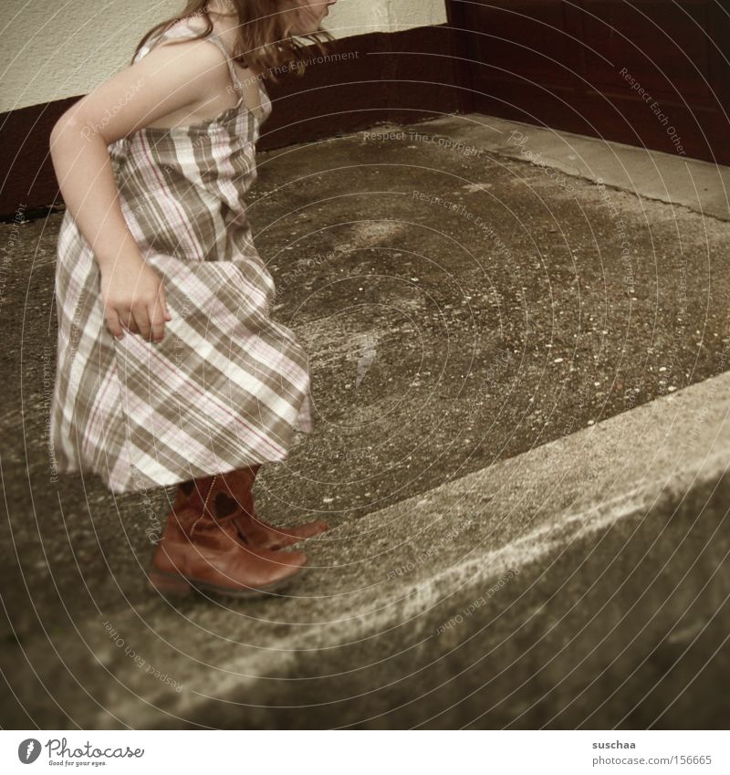on the wall .. Child Girl Wall (barrier) Summer Dress Contentment Highway ramp (entrance) Swing Movement Walking