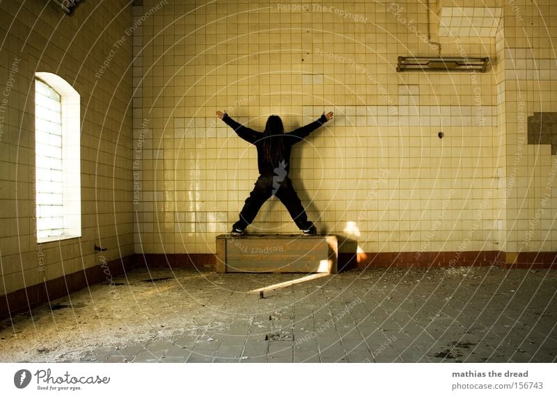 X Man X-Men Death Motionless Tile Line Lamp Hall Room Sunlight Yellow Old Shabby Derelict Bathroom self-portrait
