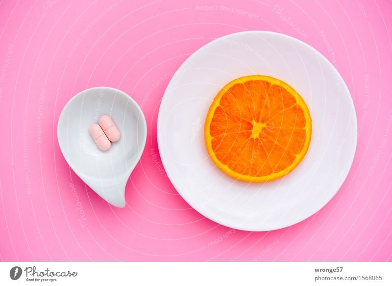 Vitamin cocktail III Food Fruit Orange Nutrional supplement Nutrition Pink White Pill Orange slice Bowl Plate Neutral Background Colour photo Multicoloured