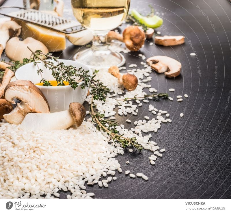 Ingredients for mushroom risotto Food Vegetable Grain Herbs and spices Cooking oil Nutrition Lunch Dinner Banquet Italian Food Crockery Style Design