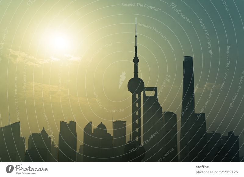 silhouette Sky Sun Sunlight High-rise Exceptional Town Shanghai China Environmental pollution Smog Colour photo Exterior shot Pattern Deserted Copy Space top