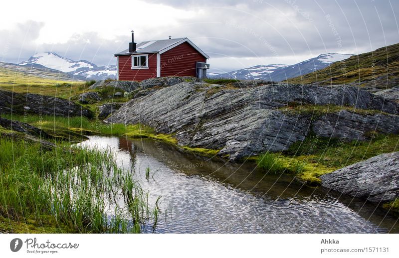 Cottage on rock Hiking Nature Landscape Bad weather Wind Moss Rock Bog Marsh Pond River Hut Small Red Loneliness Uniqueness Expectation Serene Identity Idyll