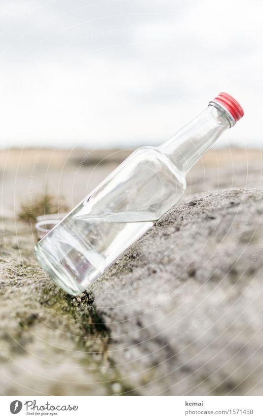 The bottle is half full Beverage Drinking water Alcoholic drinks Spirits Bottle Glassbottle bottle of booze Rock Stone Stand Authentic Bright Red Transparent