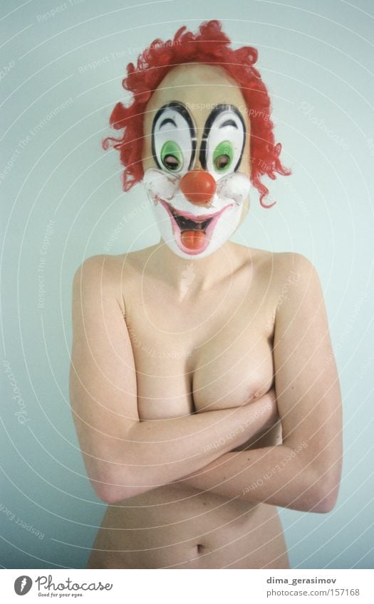 Morning smile Bright Woman Naked Pure Freedom Joy Mask Clown Nude photography Bedroom relaxation pleasure Carnival Interior shot Youth (Young adults)