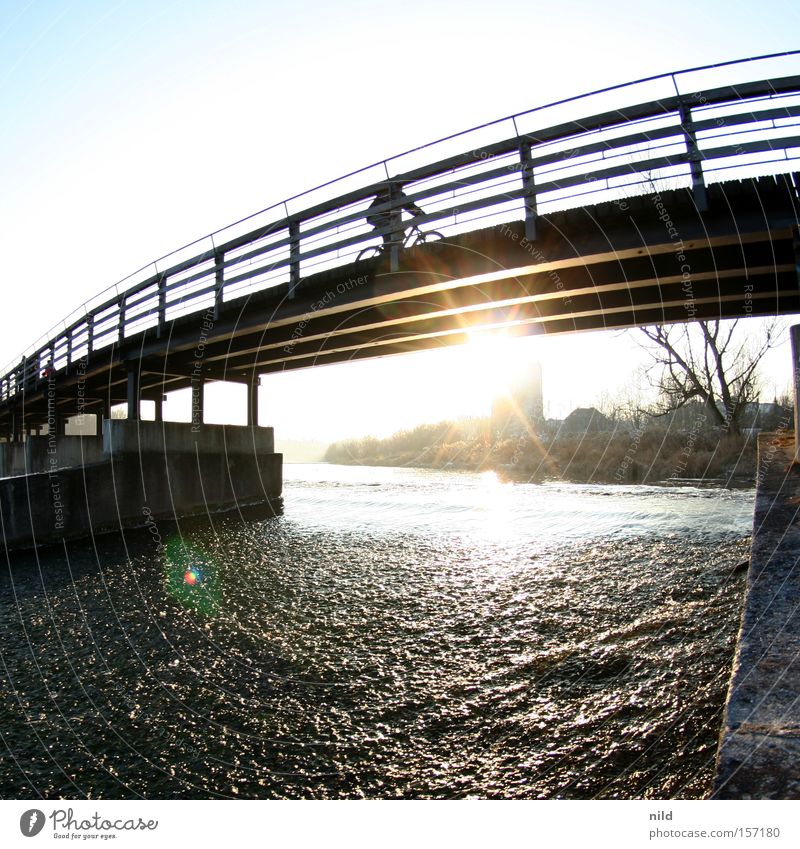 cyclist Bicycle Footbridge Bridge Flaucher Isar Munich Back-light Beautiful weather Square Fisheye Winter River Cycling