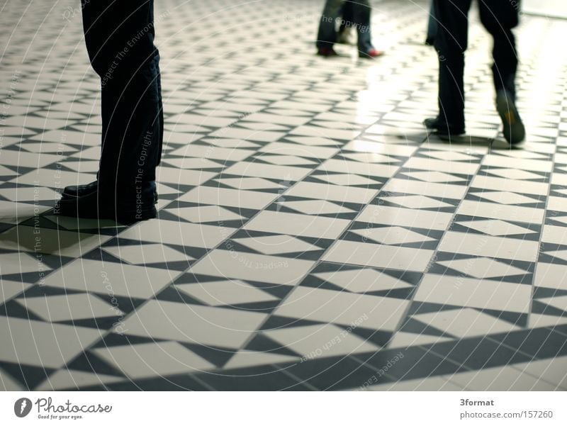 waiting hall Floor covering Ground Tile Mosaic Pattern Grid Legs Human being Wait Stand