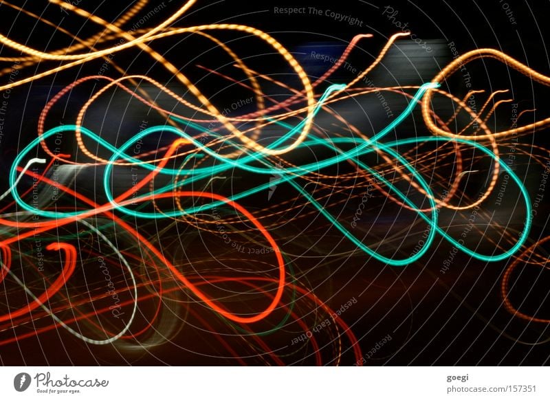 hullabaloo Colour photo Exterior shot Experimental Night Light Long exposure Motion blur Line Movement Yellow Green Red Sea of light Turquoise Wavy line