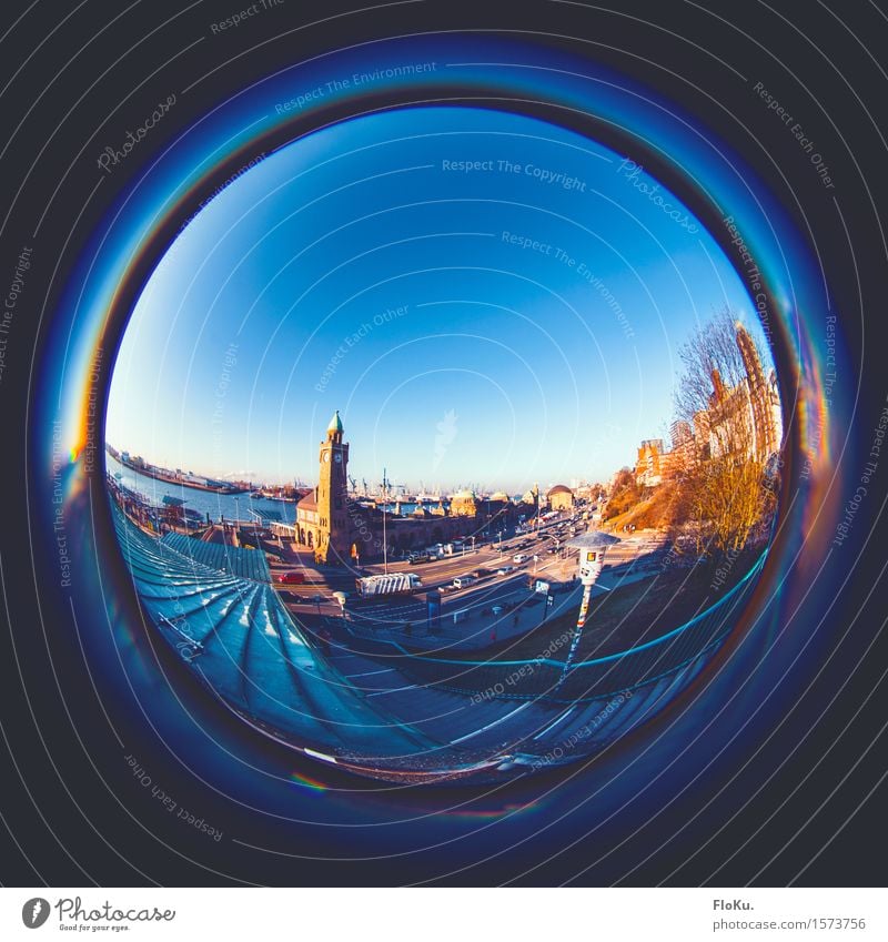 Fisheye from the North Tourism Sightseeing City trip River bank Hamburg Germany Town Port City Downtown Harbour Stairs Tourist Attraction Landmark