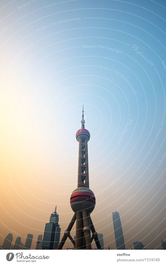 rocket Sunrise Sunset Sunlight Beautiful weather Shanghai China Downtown Skyline High-rise Landmark Exceptional Town Television tower Rocket Extraterrestrial