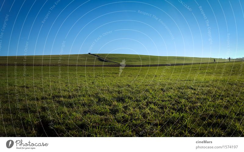 2 people in a wide meadow landscape Far-off places Hiking Human being Nature Landscape Cloudless sky Summer Beautiful weather Grass Meadow Hill Going Walking