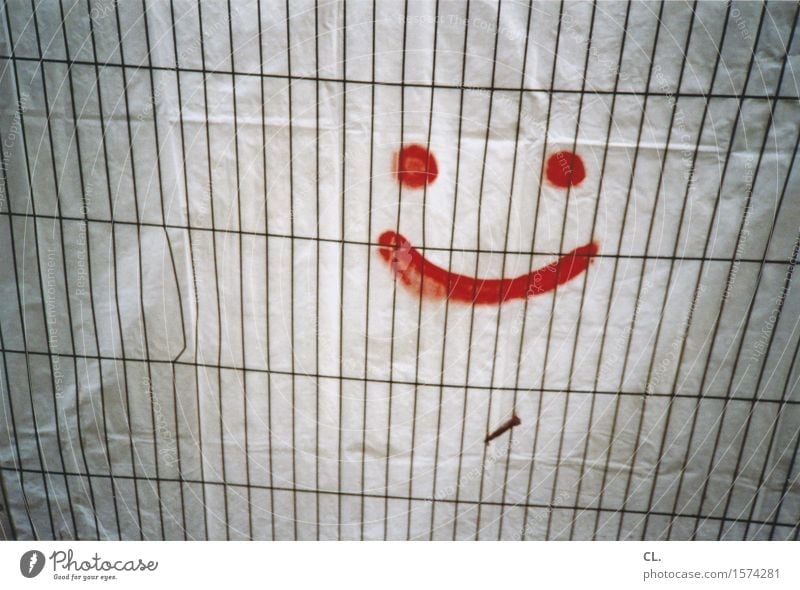 Always in a good mood Construction site Fence Hoarding Smiley Covers (Construction) Sign Graffiti Smiling Laughter Friendliness Happiness Positive Gloomy Gray