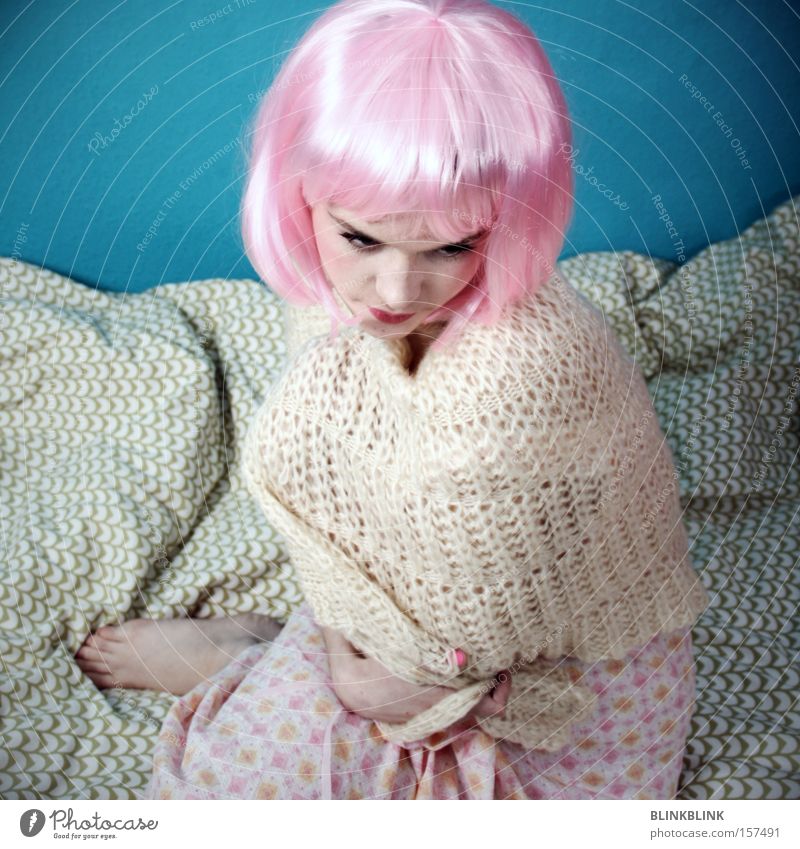 pink helmet Wig Pink Sensitive Blanket Bed Night dress Wool Cape Turquoise White Beige Barefoot Beautiful Woman Feeble Fair-skinned