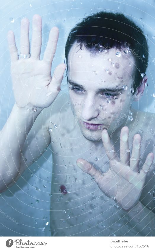 rain of emotion Beautiful Personal hygiene Hair and hairstyles Skin Swimming & Bathing Man Adults Chest Hand Elements Water Drops of water Rain Freeze Looking