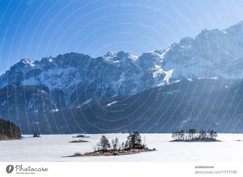 Eibsee Landscape Cloudless sky Spring Winter Beautiful weather Alps Mountain Snowcapped peak Lakeside Eib Lake Contentment Attentive Caution Serene Calm Frozen
