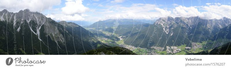 Panorama of the front Stubaital Nature Landscape Clouds Summer Alps Mountain Peak Blue Brown Gray Green White Colour photo Exterior shot Deserted Copy Space top