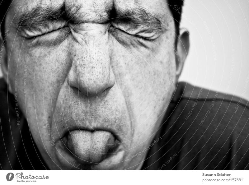 grimace head Face Grimace Tongue Black White Bah Anger Eyes Portrait photograph Man Facial hair Joy Funny Wrinkles