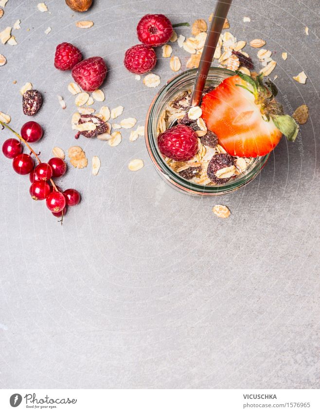 Muesli with dried fruits, nuts and fresh berries Food Fruit Grain Dessert Nutrition Breakfast Organic produce Vegetarian diet Diet Glass Spoon Lifestyle Style