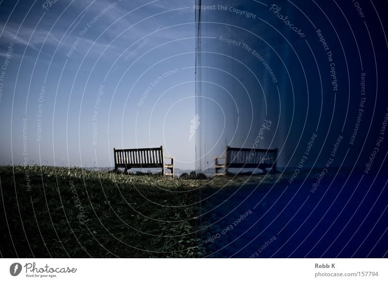quite lonely Bench Meadow Grass Sky Clarity Loneliness Blue Calm Relaxation Seating Park bench Garden Concentrate