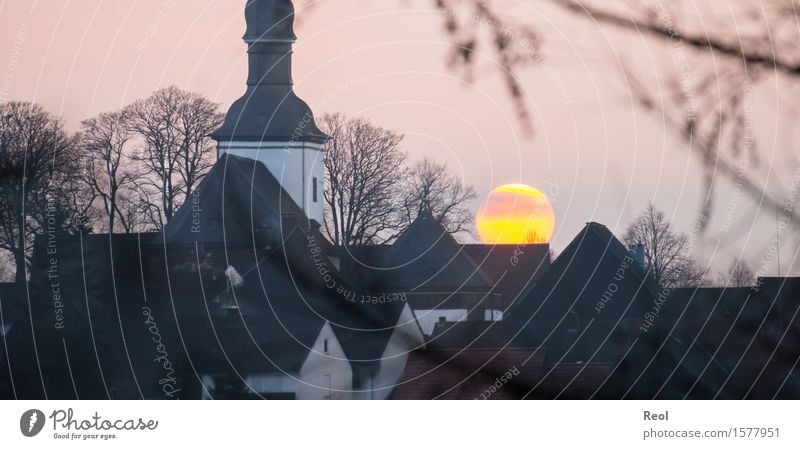 Sunset behind a church Nature Landscape Elements Sky Sunrise Sunlight Autumn Winter Beautiful weather Hill Village Small Town Downtown